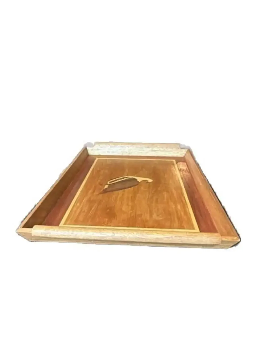 Vintage Handcrafted Wooden Marquetry Serving Tray with Inlaid Quail Design